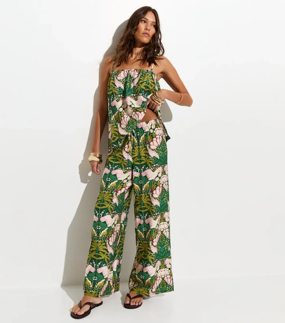 Women's White Tropical Lotus Print Beach Trousers