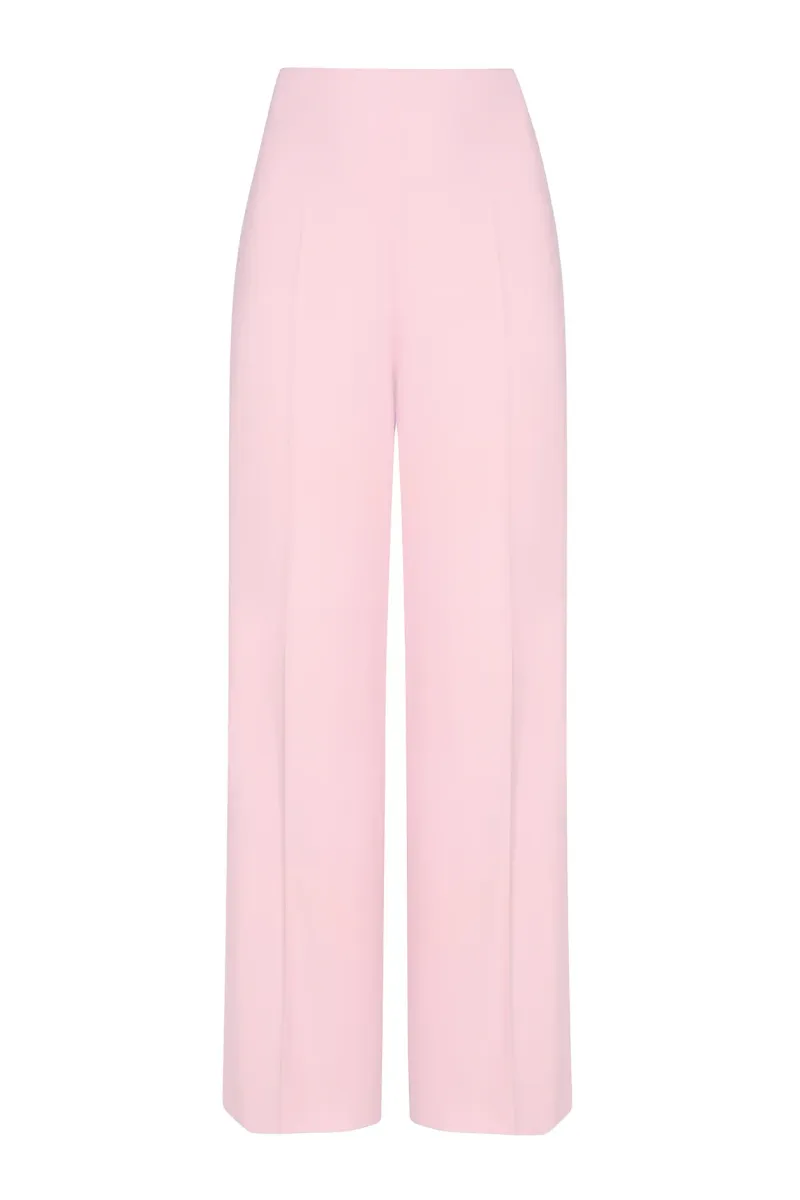 Wide Leg Trousers in Plain Pink Wool Faille - Paloma