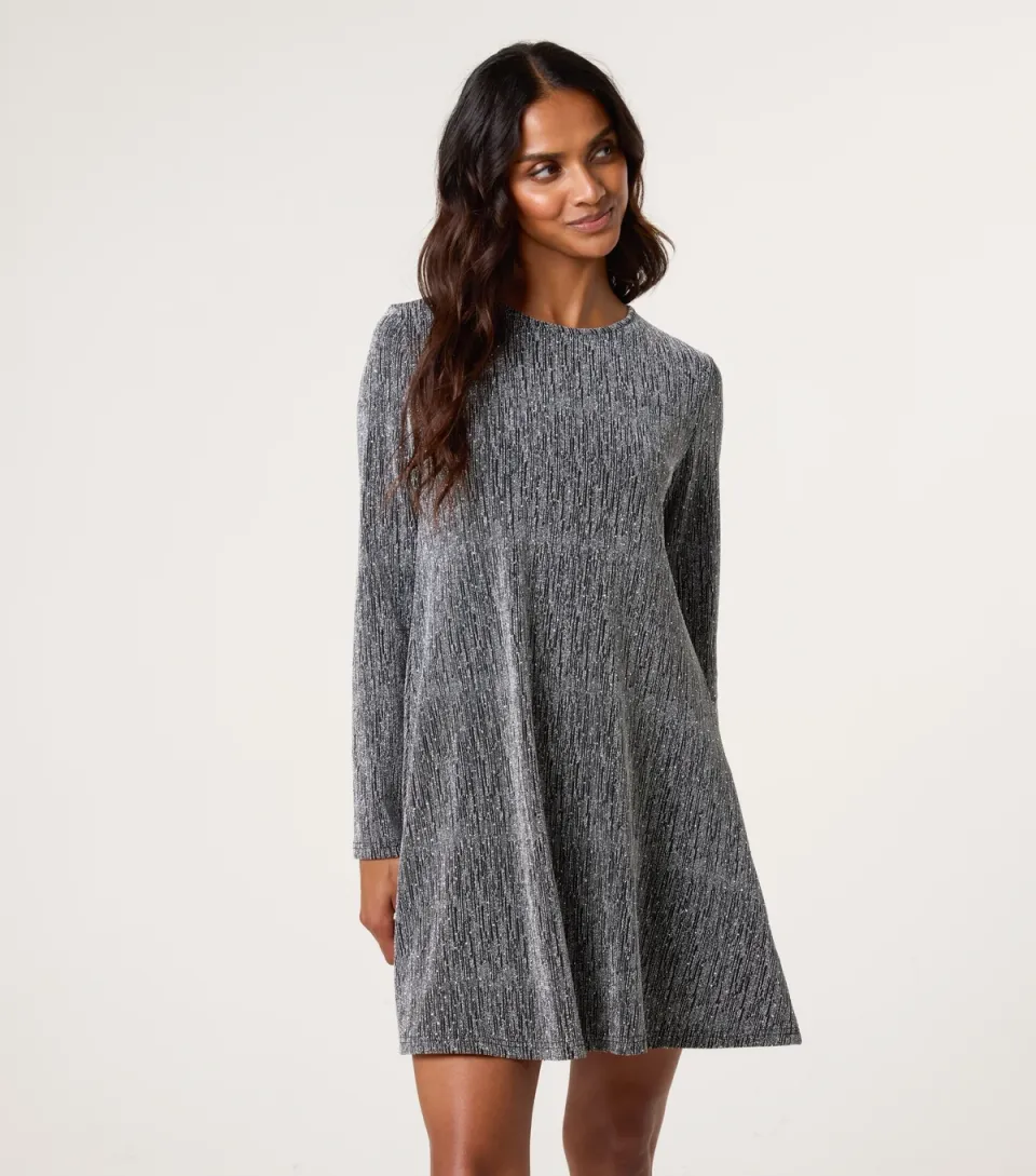 Women's Silver Long Sleeve Mini Swing Dress