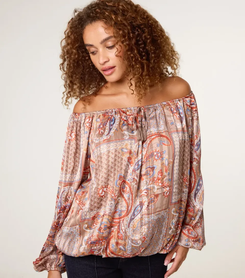 Women's Brown Paisley Print Bardot Puffball Hem Blouse