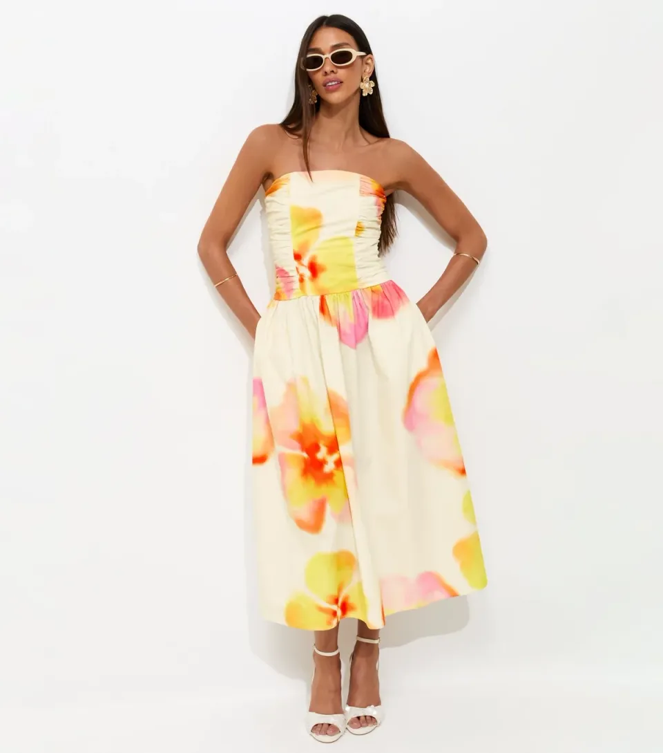 Women's Cream Lotus Print Ruched Bandeau Midi Dress