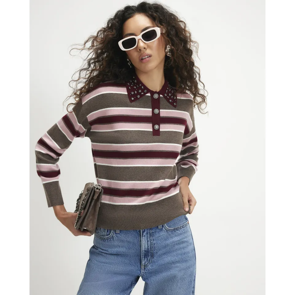 Stripe Embellished Knit Polo Shirt