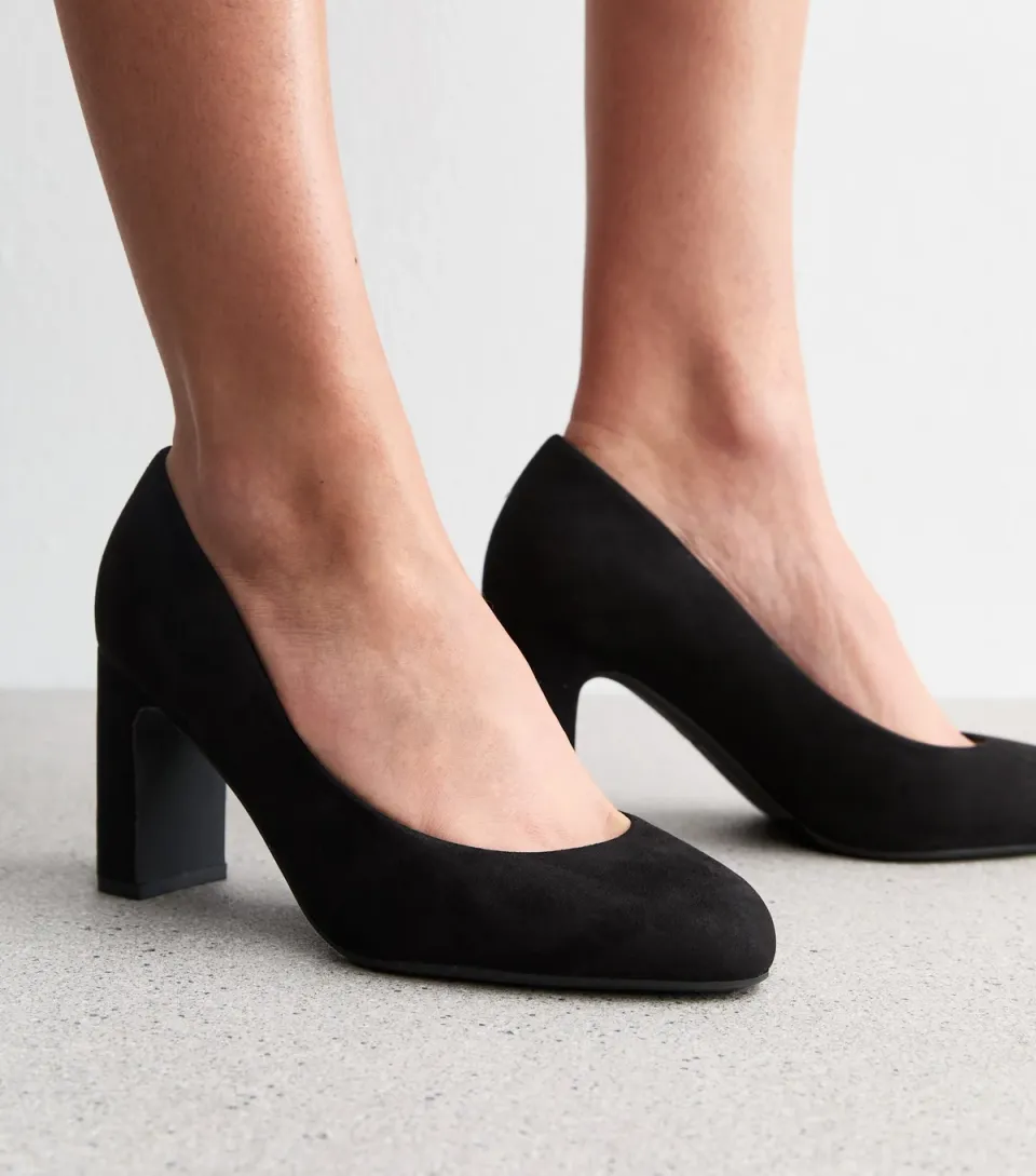 Women's Wide Fit Black Faux Suede Court Shoes Vegan