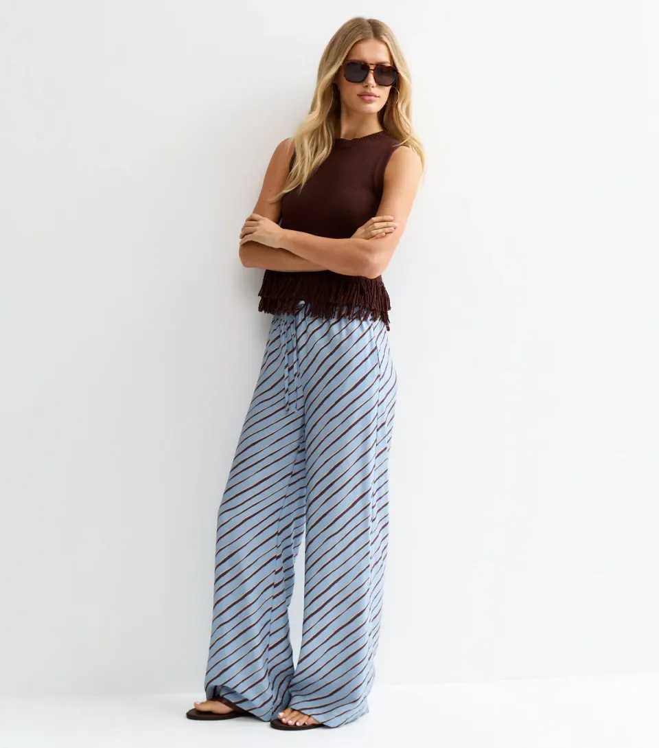 Women's Light Blue Diagonal Stripe Wide Leg Trousers