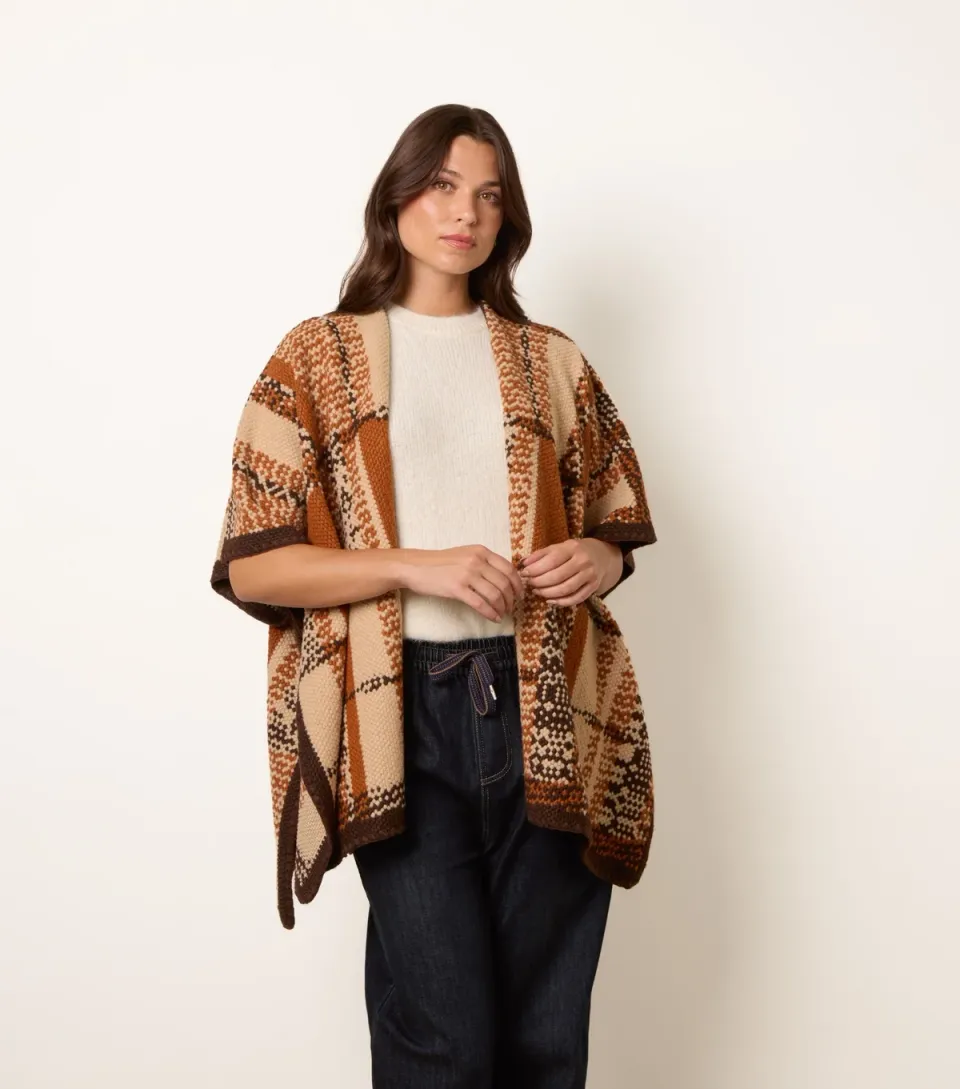 Brown Geometric Patchwork Poncho