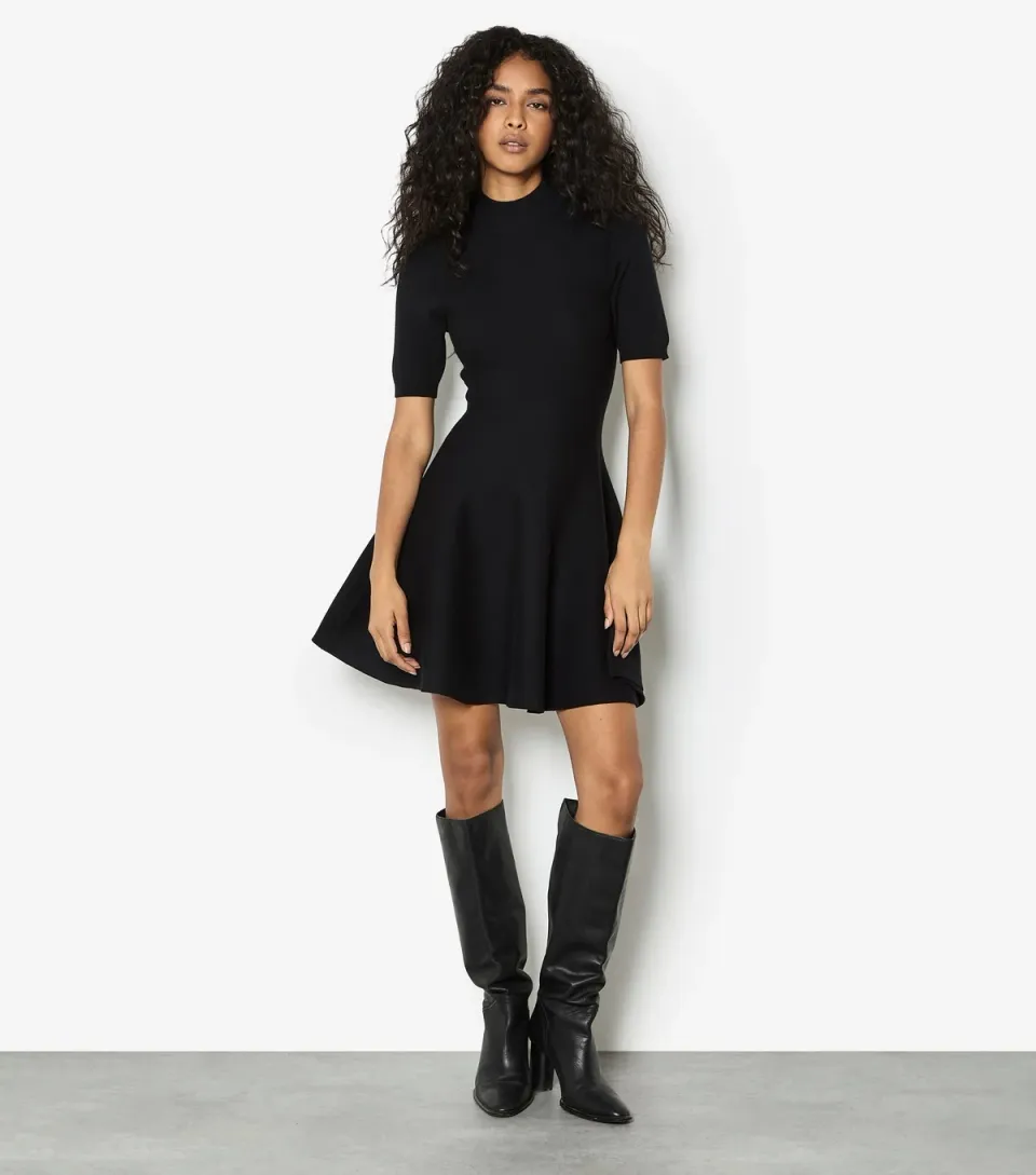 Women's Black Knitted Short Sleeve Skater Mini Dress