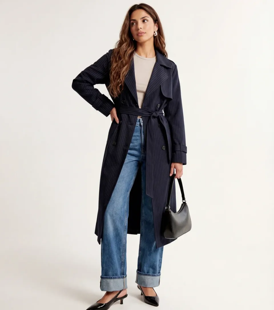 Women's Navy Striped Trench Coat
