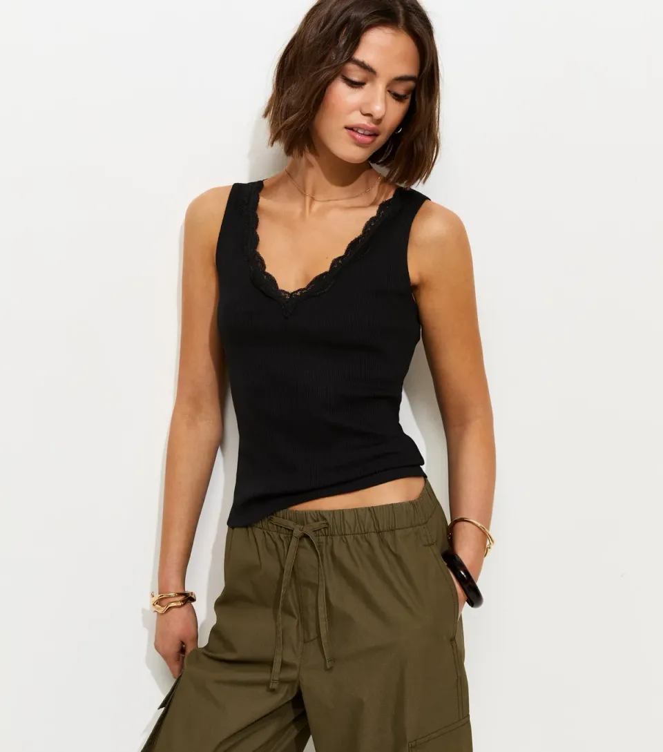 Women's Black V Neck Lace Trim Vest