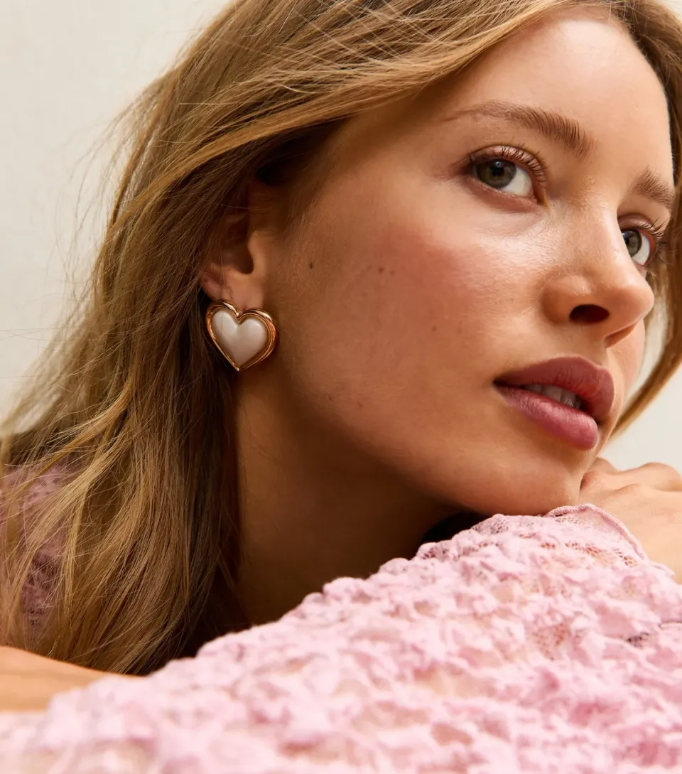Gold Tone Contrast Centre Puff Heart Shape Studs