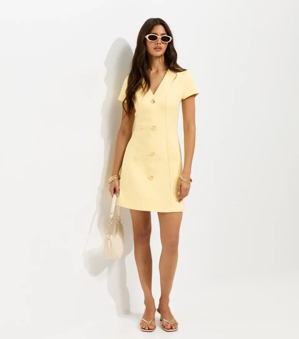 Women's Light Yellow Cotton Rich Golden Button Ponte Mini Dress