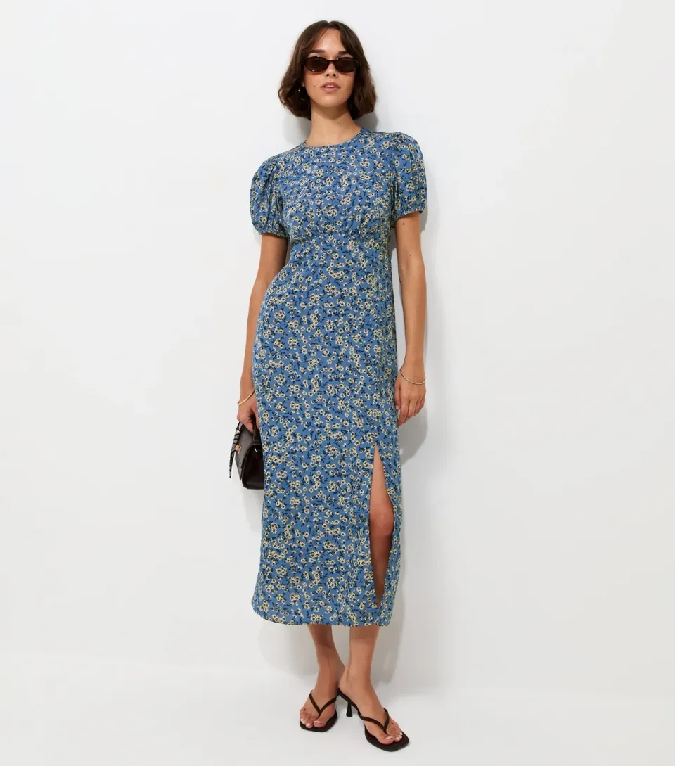 Women's Blue Ditsy Floral Puff Sleeve Split Midi Dress
