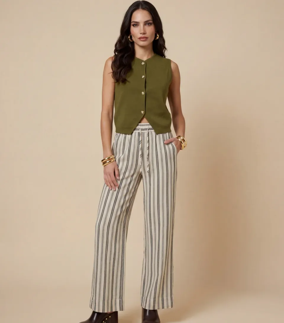 Women's Cream Striped Straight Leg Trousers