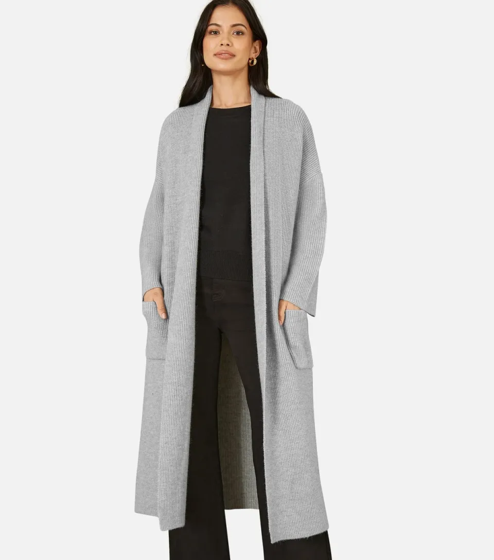 Women's Grey Ribbed Pocket Longline Midi Cardigan