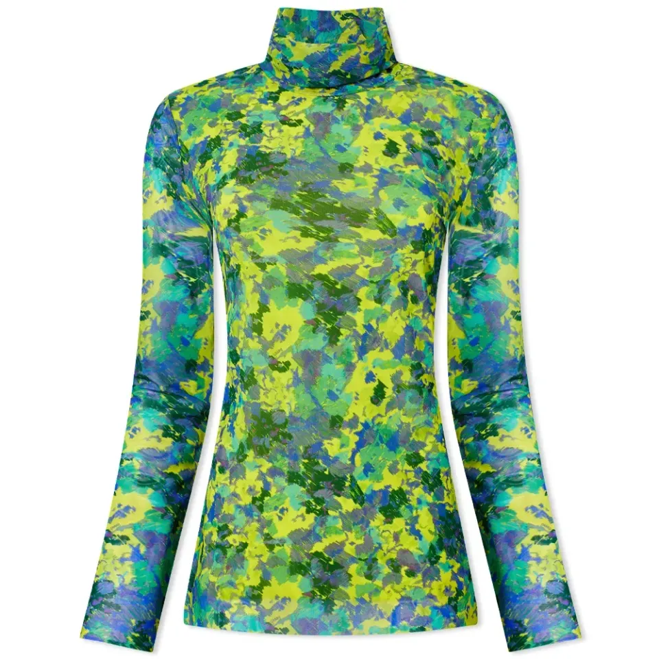 High Neck Floral Print Mesh Top