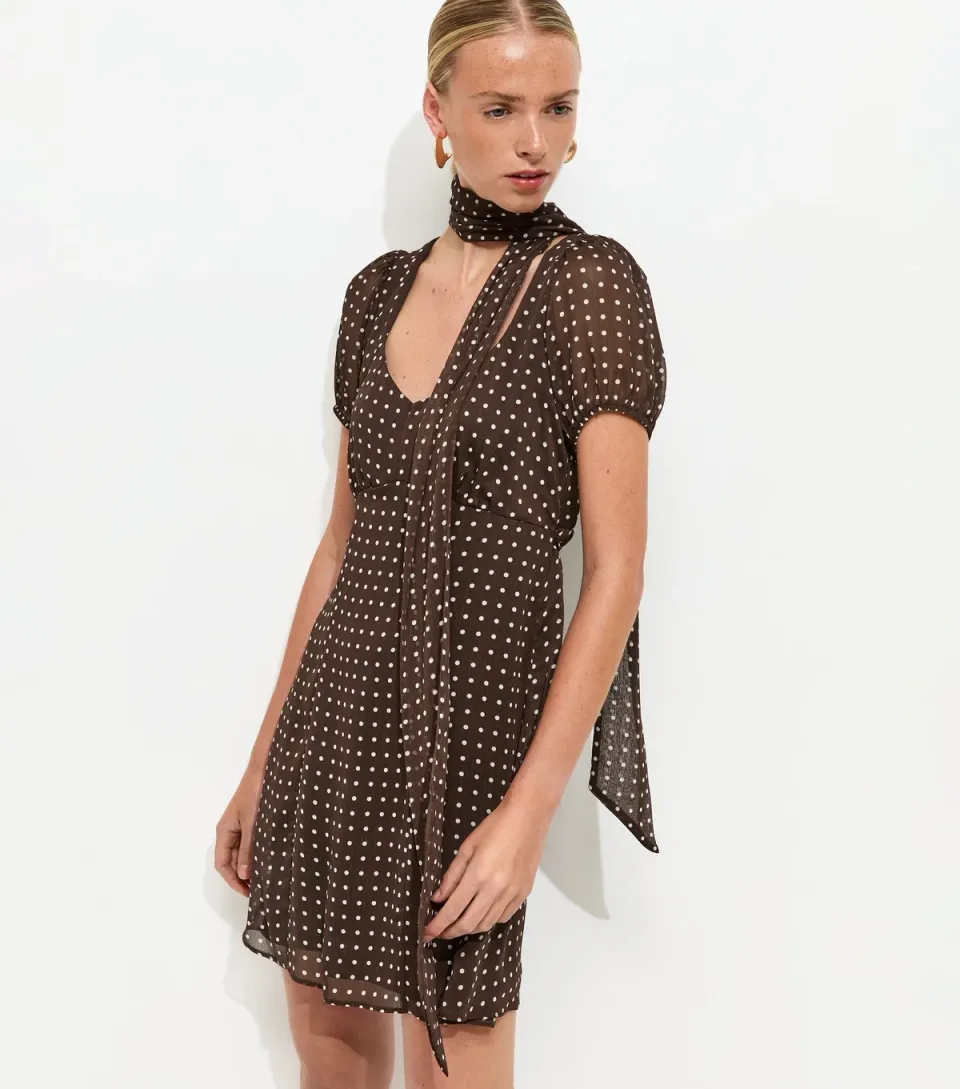 Women's Brown Chiffon Polka Dot Mini Dress with Scarf