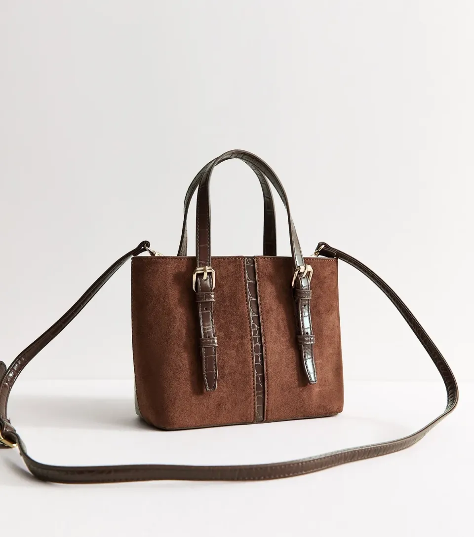 Dark Brown Faux Leather and Suede Buckle Strap Crossbody Bag