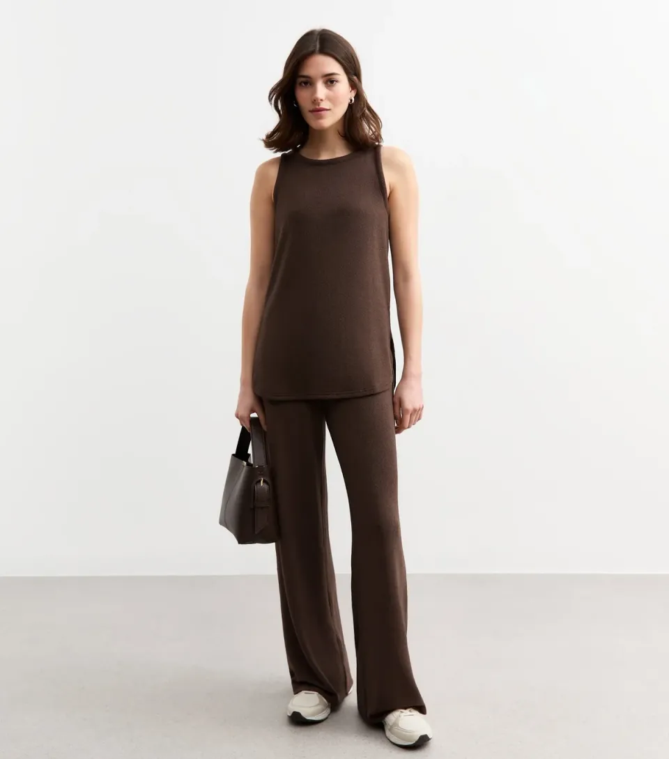 Women's Brown Textured Wide Leg Trousers