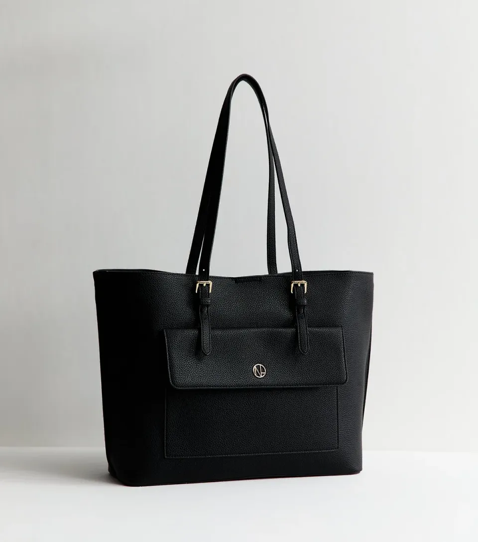 Black Textured Faux Leather Front Pocket Tote Bag