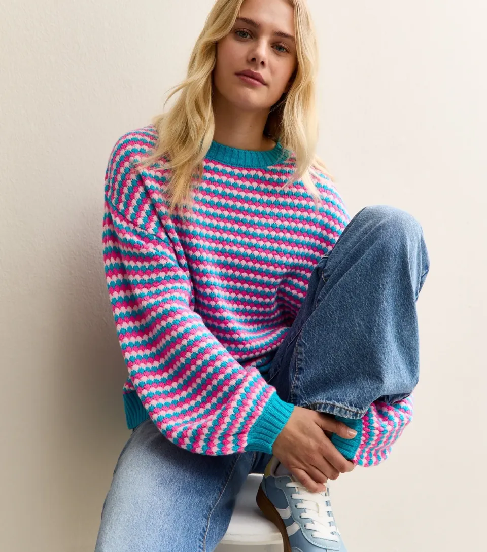 Women's Blue and Pink Striped Crew Neck Jumper