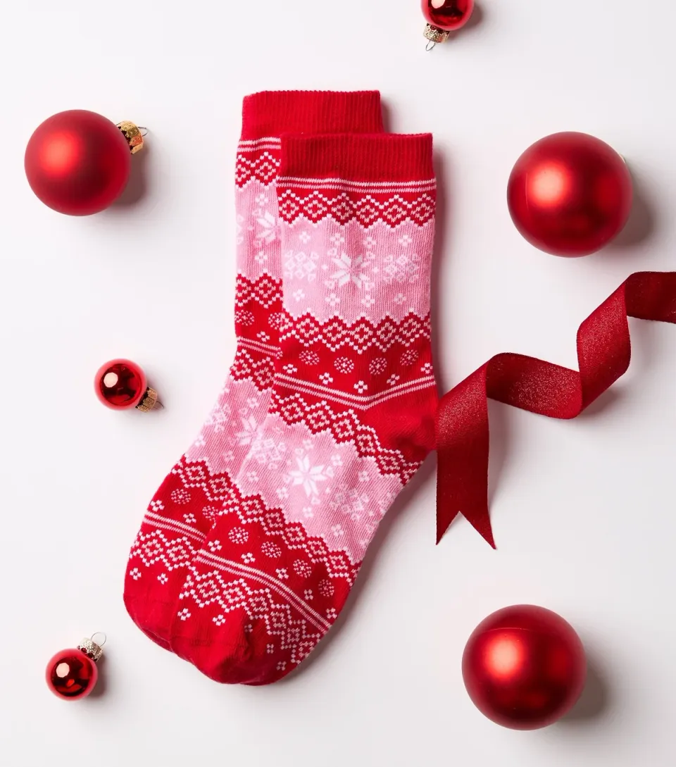 Red Cotton Rich Fair Isle Pattern Ankle Socks