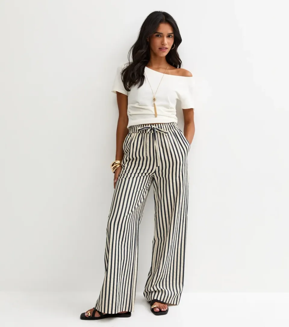 Women's Blue Striped Seersucker Wide Leg Trousers