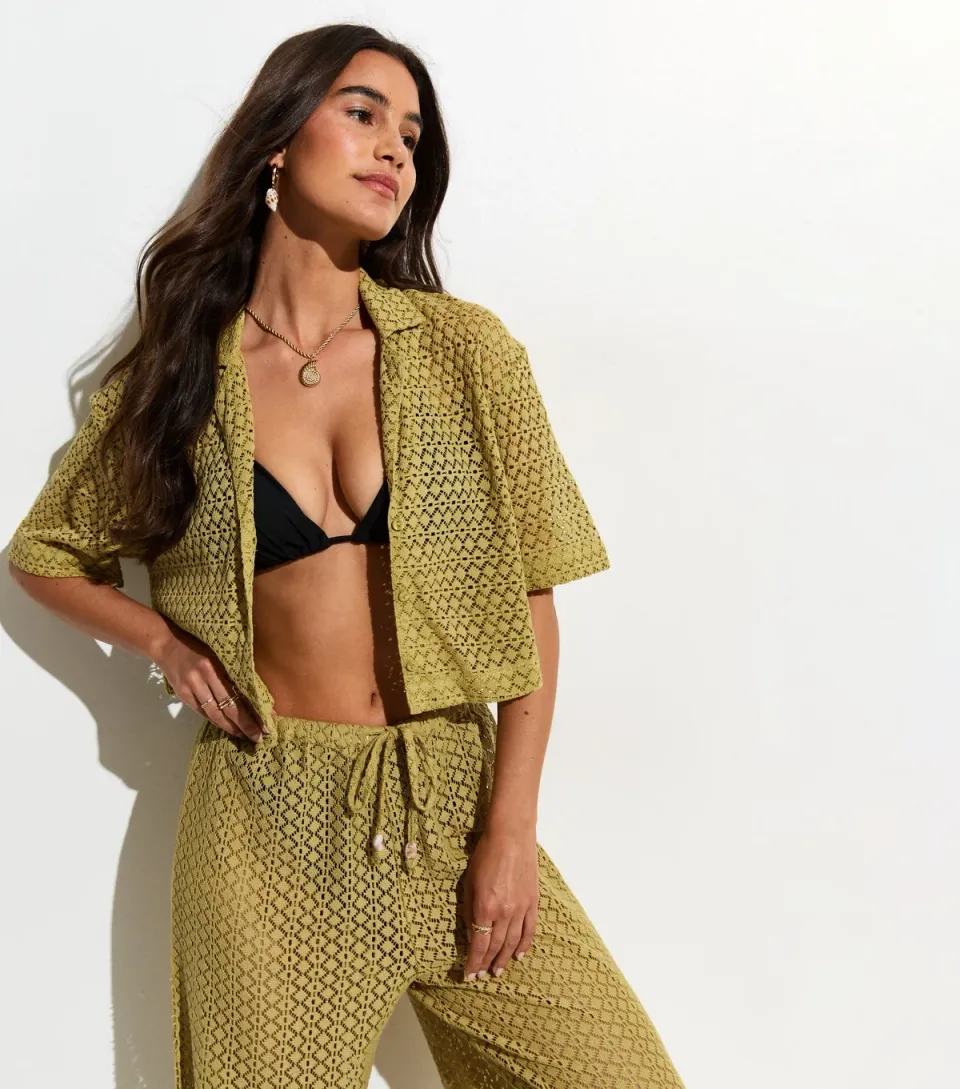 Women's Green Crochet Knit Cropped Shirt