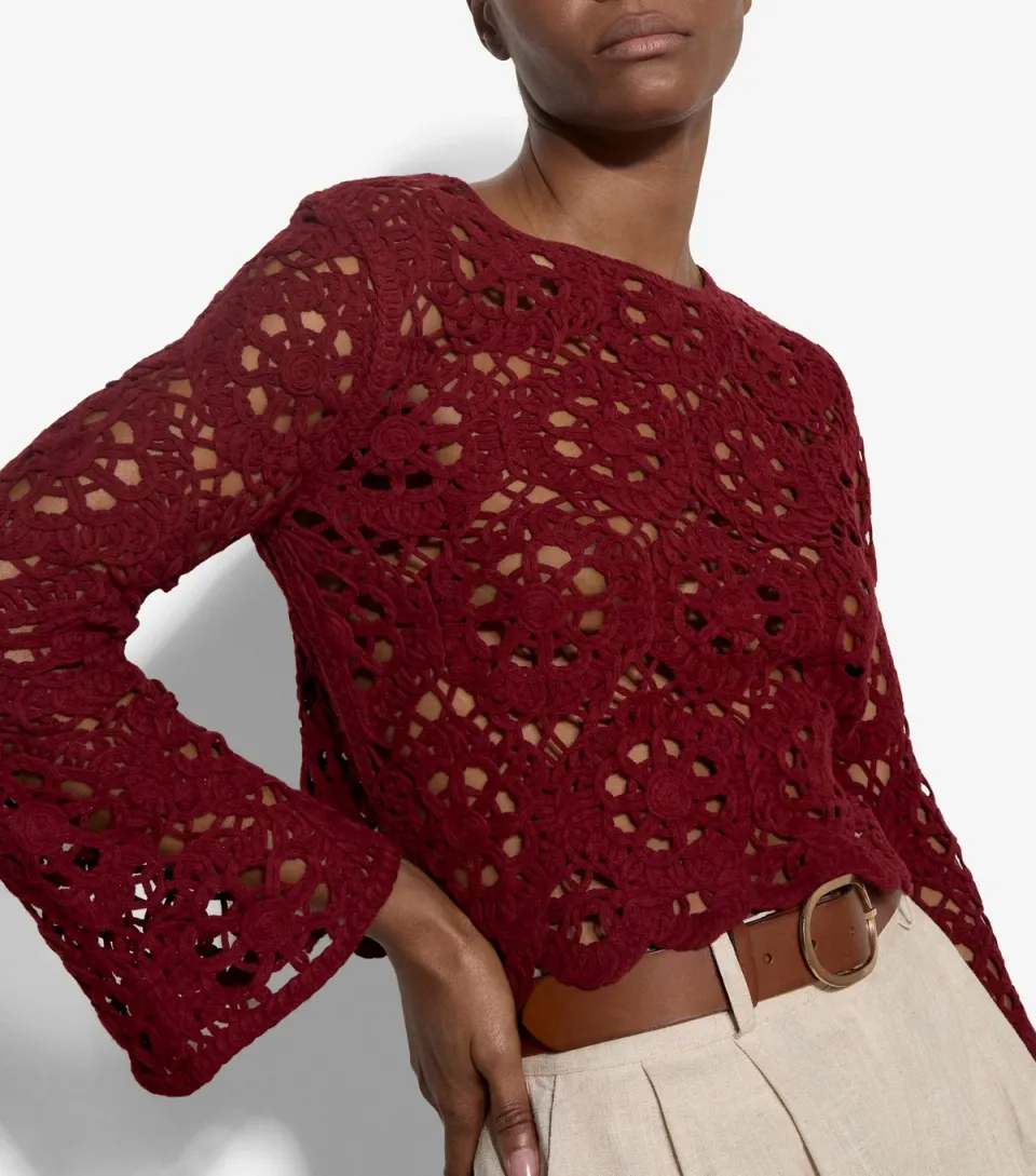 Women's Dark Burgundy Floral Crochet Long Sleeve Top