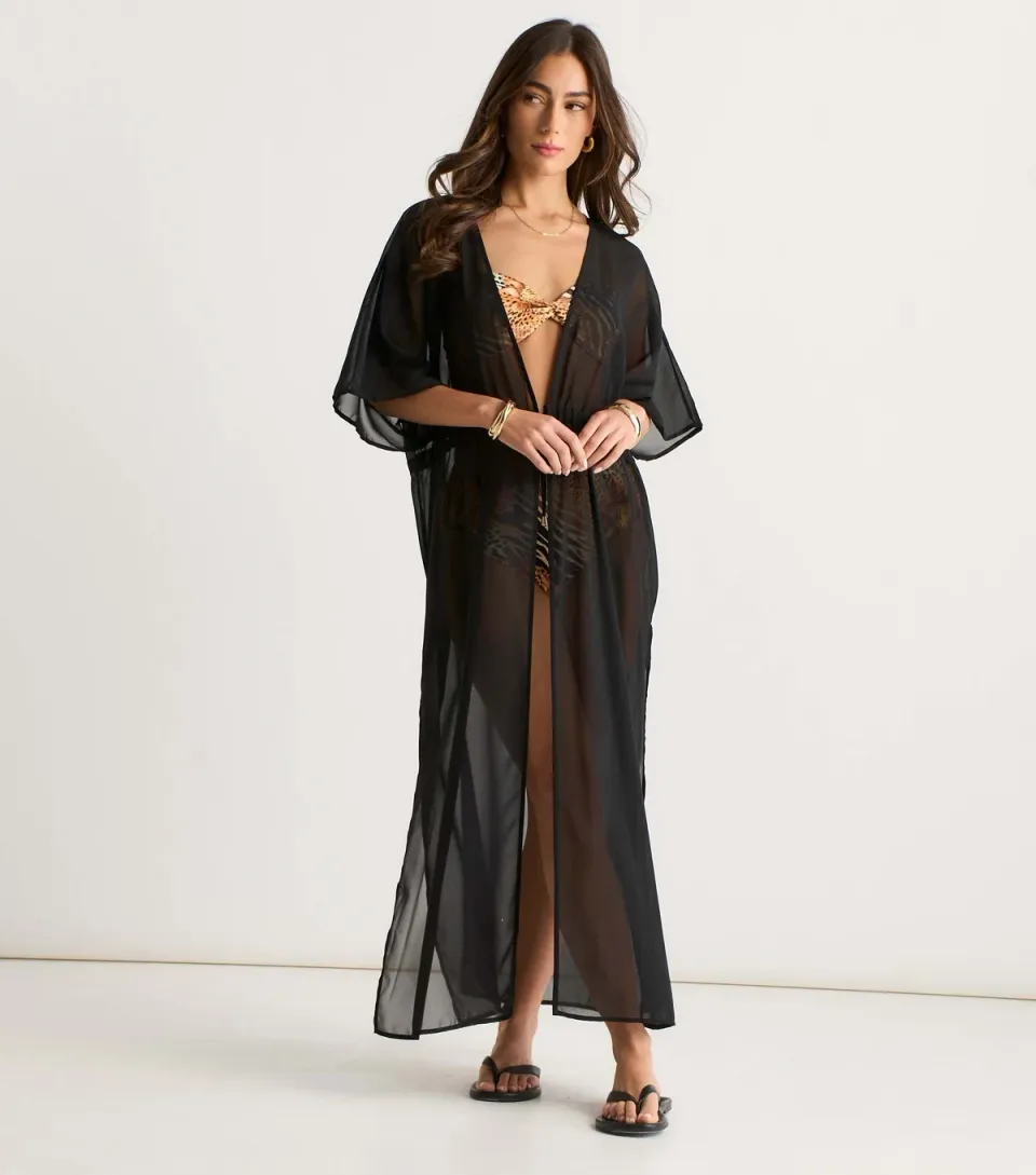 Women's Black Flowy Open Front Kimono