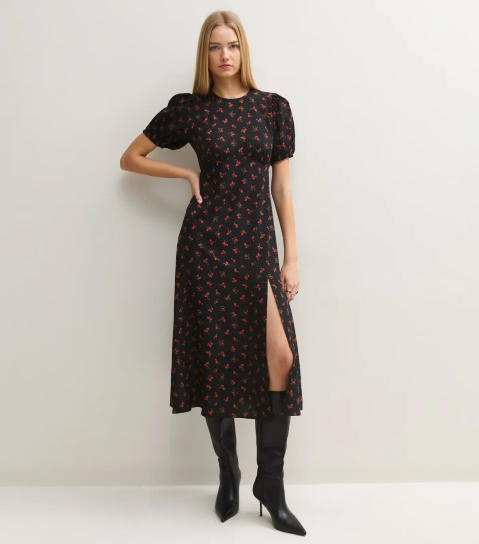Women's Black Floral Puff Sleeve Midi Dress