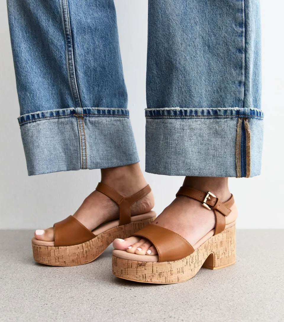 Women's Wide Fit Tan Brown Raffia Platform Sole Sandals Vegan