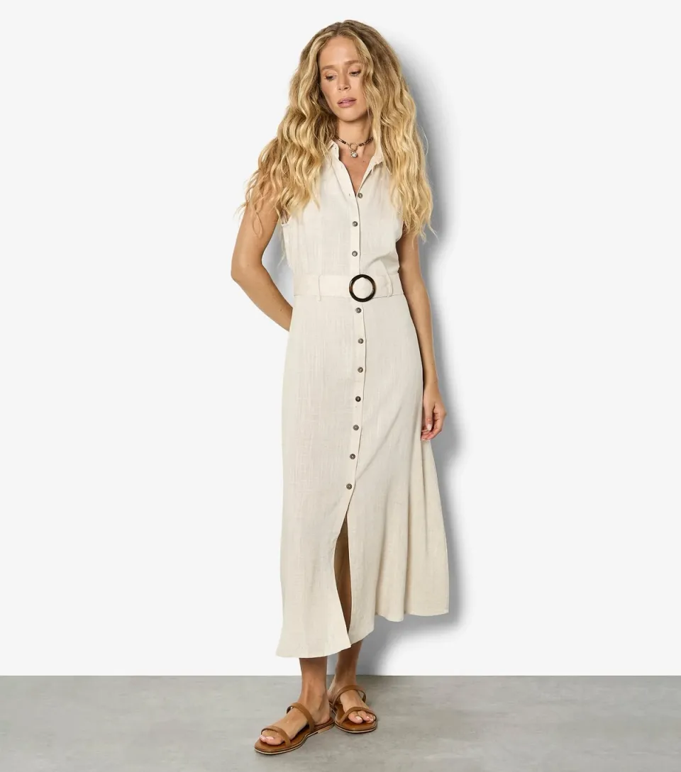 Women's Stone Belted Midi Shirt Dress
