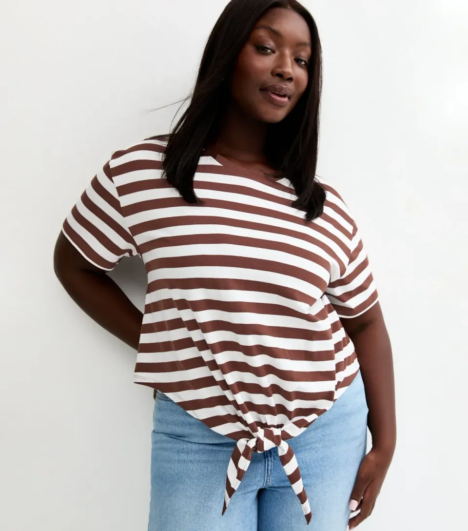 Women's Plus Size Brown Striped Tie Front T-Shirt Curves