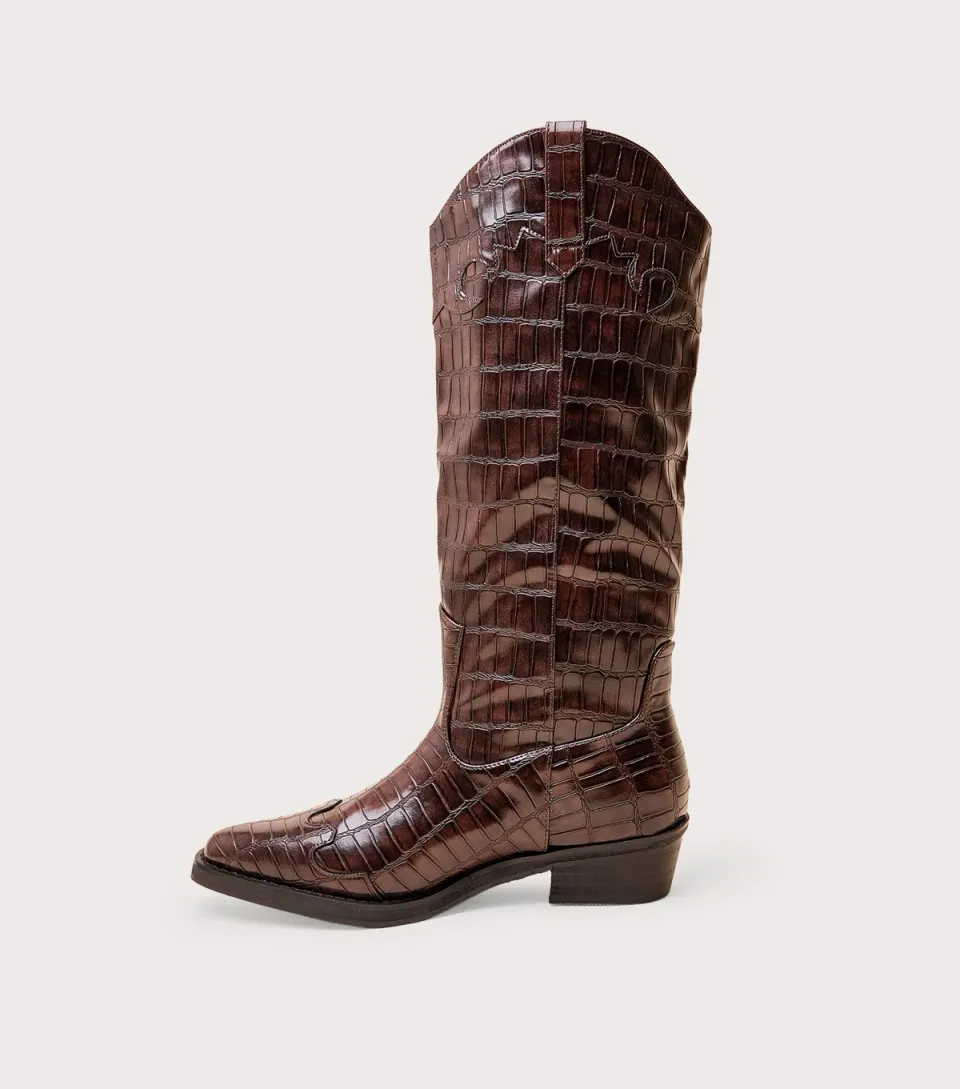 Women's Dark Brown Apollo Faux Leather Crocodile Embossed Western Boots