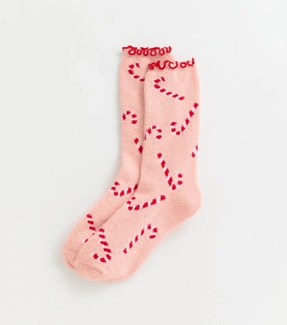 Pink Christmas Candy Cane Pattern Cosy Knit Socks