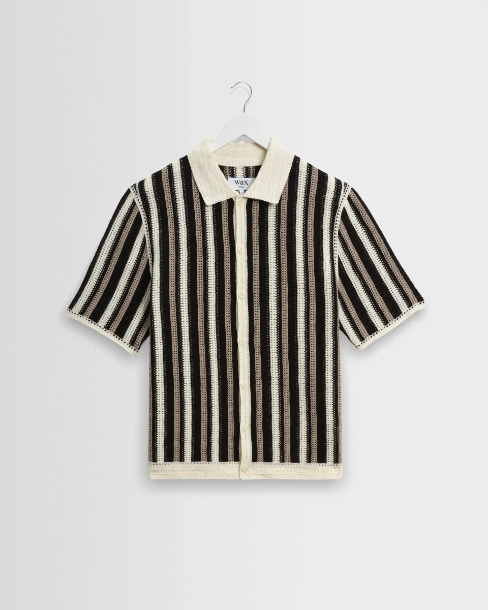 Porto - Ecru and Black Stripe Crochet Knitted Shirt