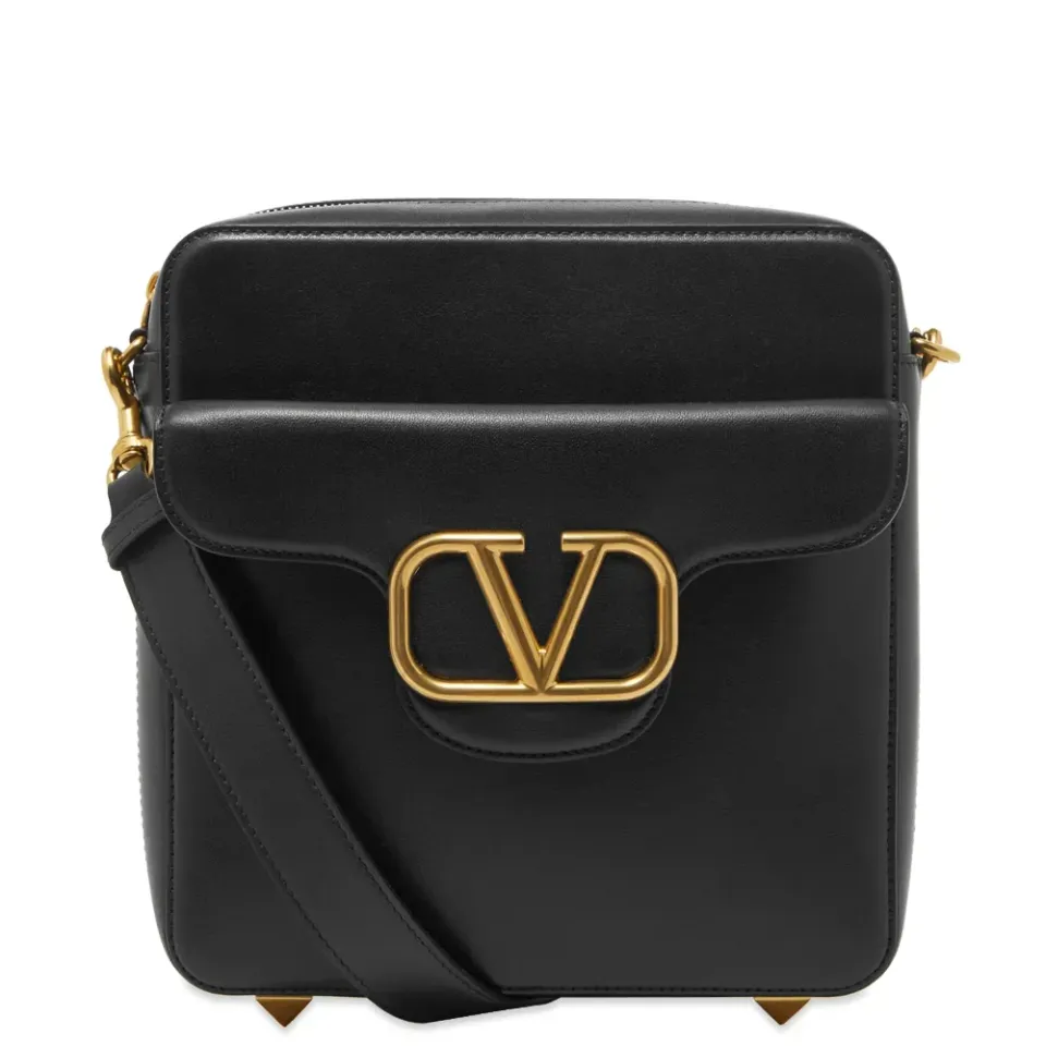 V Logo Leather Camera Bag