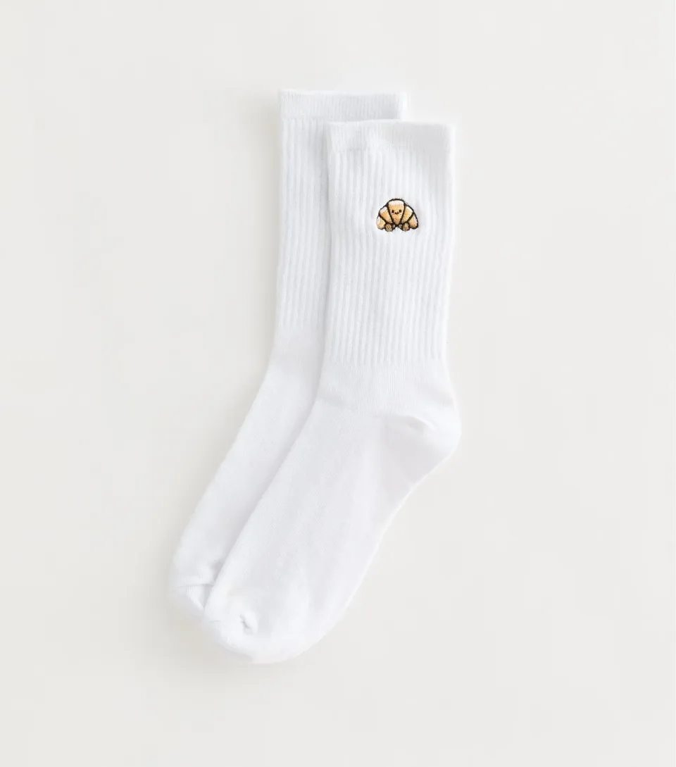 White Cotton Rich Croissant Embroidered Ribbed Tube Socks