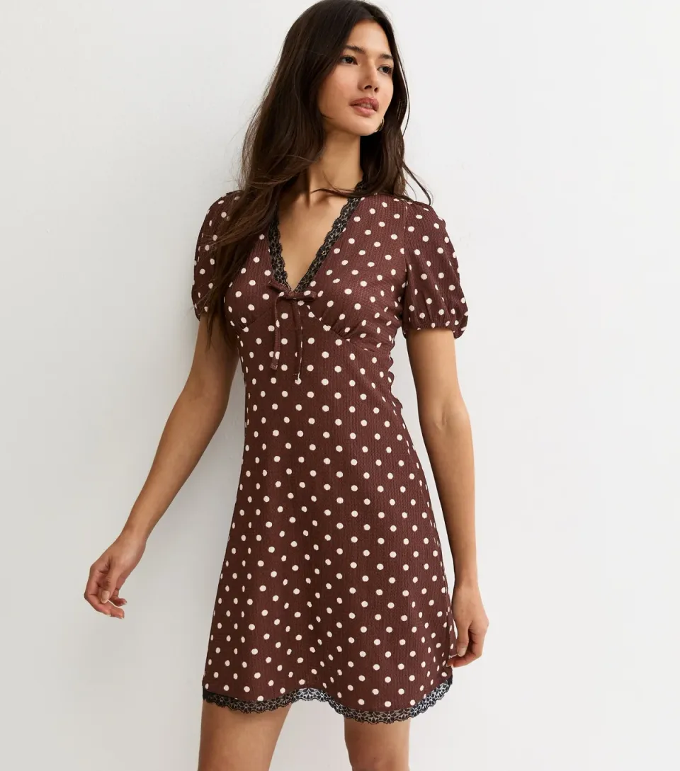 Women's Brown Polka Dot Lace Trim Mini Dress