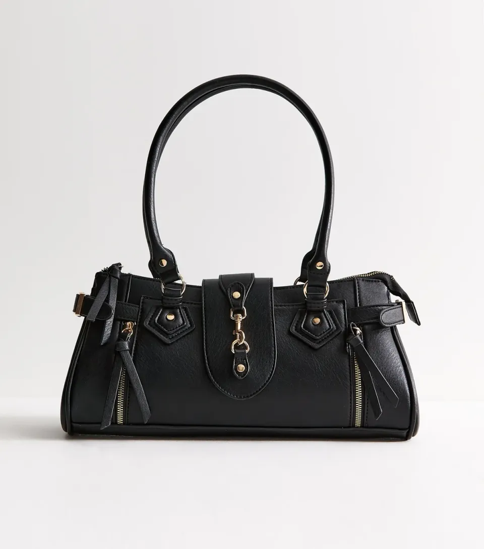 Black Faux Leather Dog Clip Detail Shoulder Bag