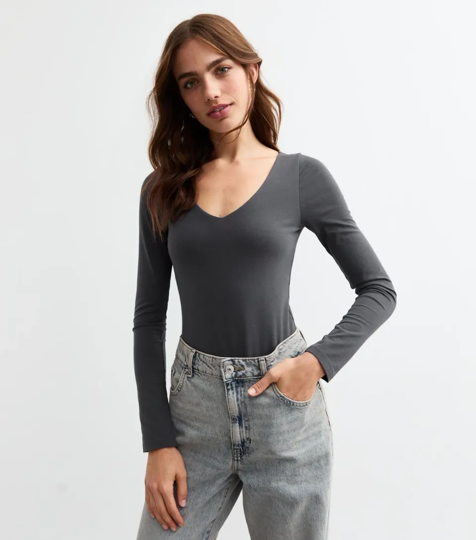 Women's Grey V-Neck Long Sleeved Bodysuit