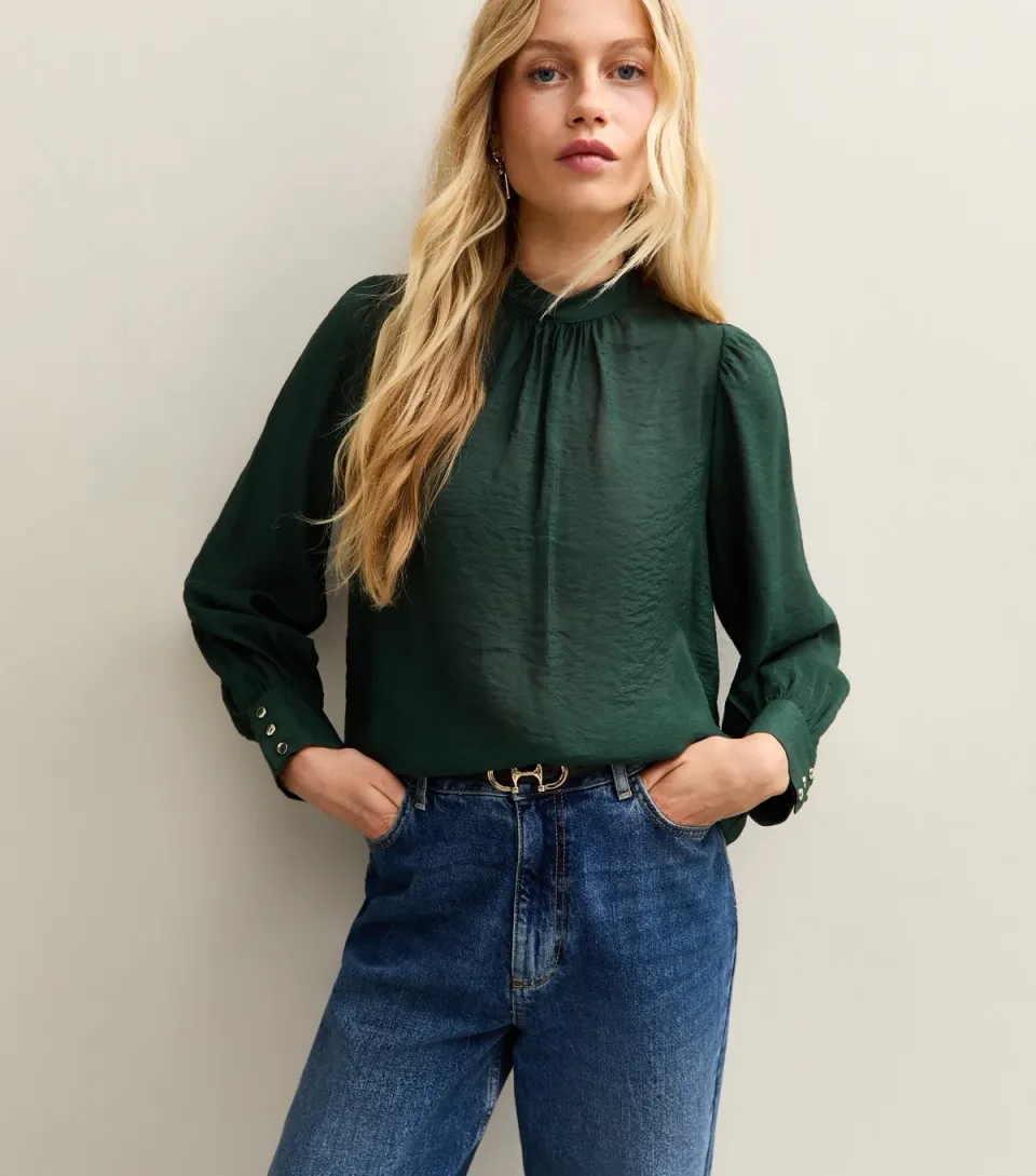 Women's Dark Green Gathered High Neck Long Sleeve Top