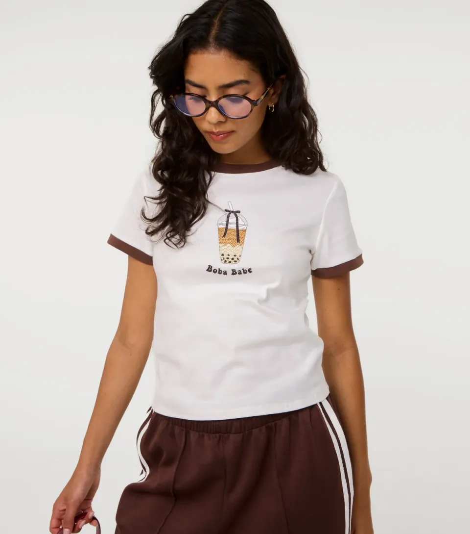 Women's White Boba Babe Diamanté T-Shirt