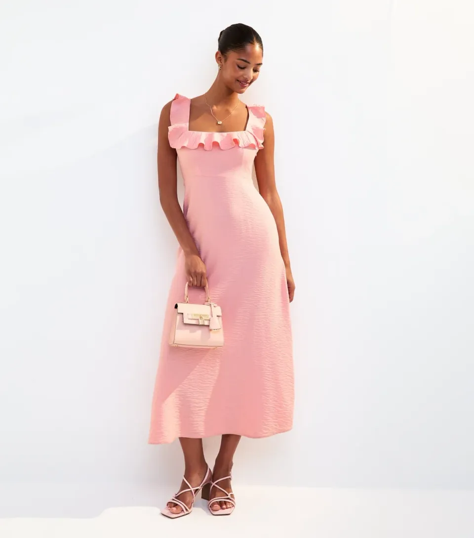 Women's Pink Ruffle Trim Square Neck Midi Dress