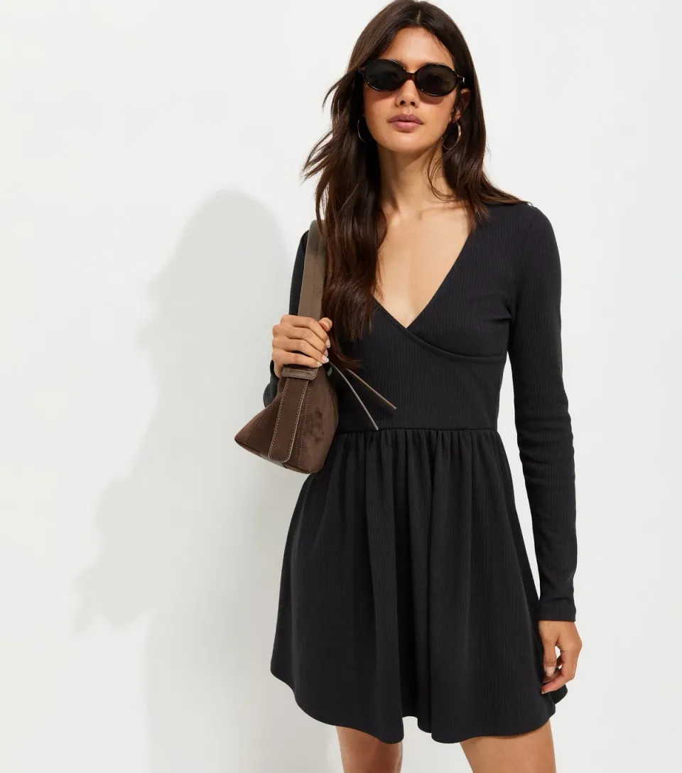 Women's Dark Grey Cotton Rich Long Sleeve Ribbed Wrap Front Mini Ballet Dress