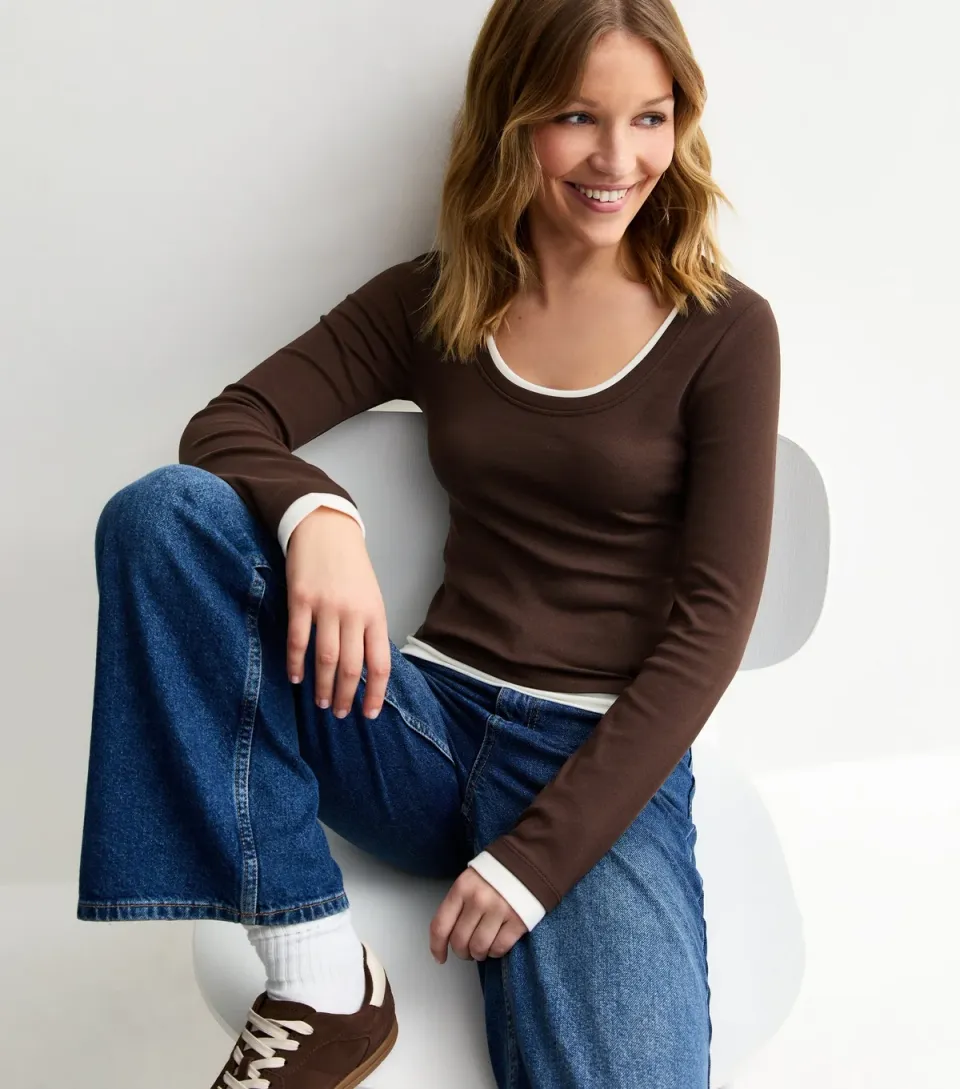 Women's Brown 2-In-1 Long Sleeve Scoop Neck Top
