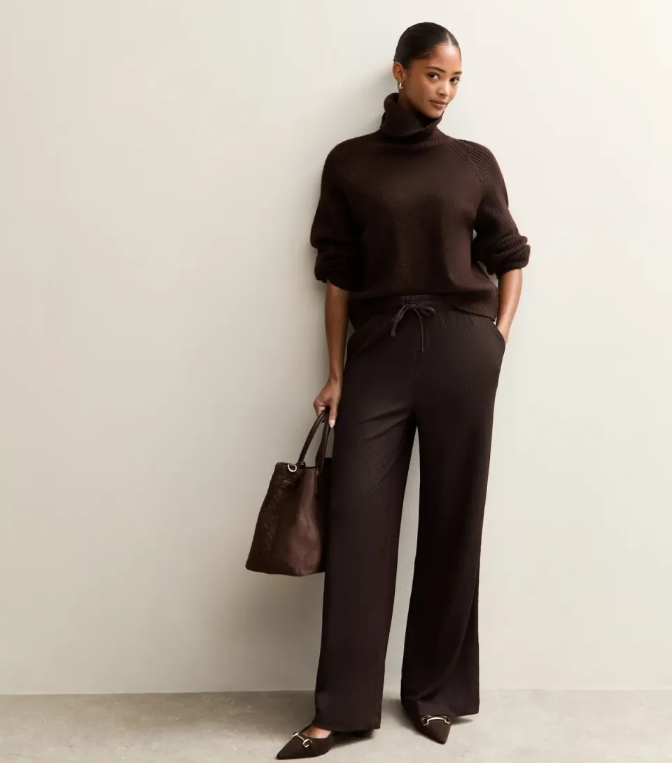 Women's Dark Brown Textured Wide Leg Trousers