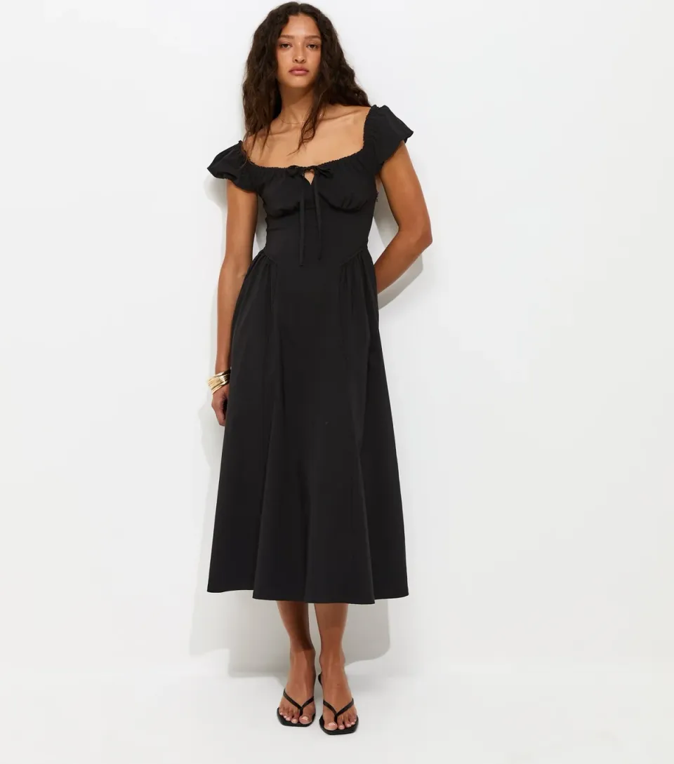 Women's Black Lace Trim Milkmaid Midi Dress