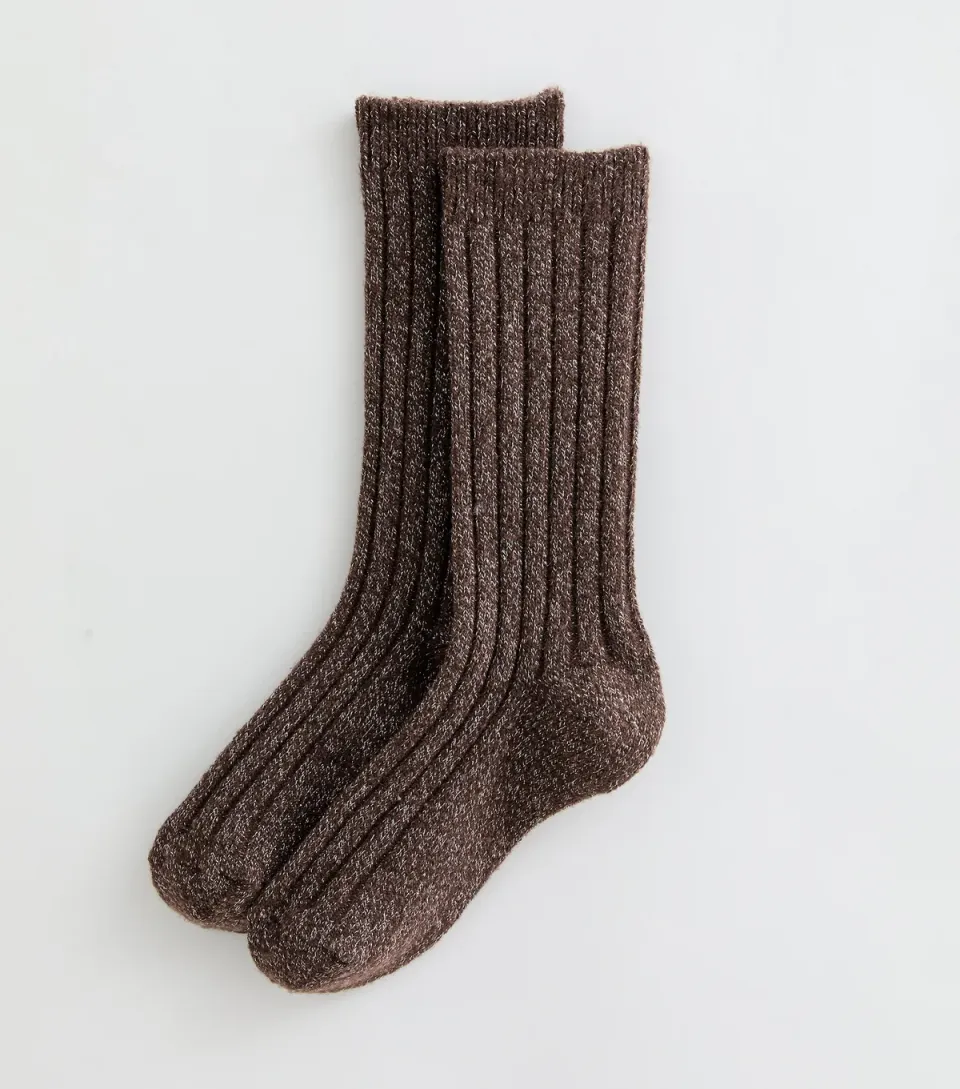 Brown Glitter Ribbed Knit Ankle Socks