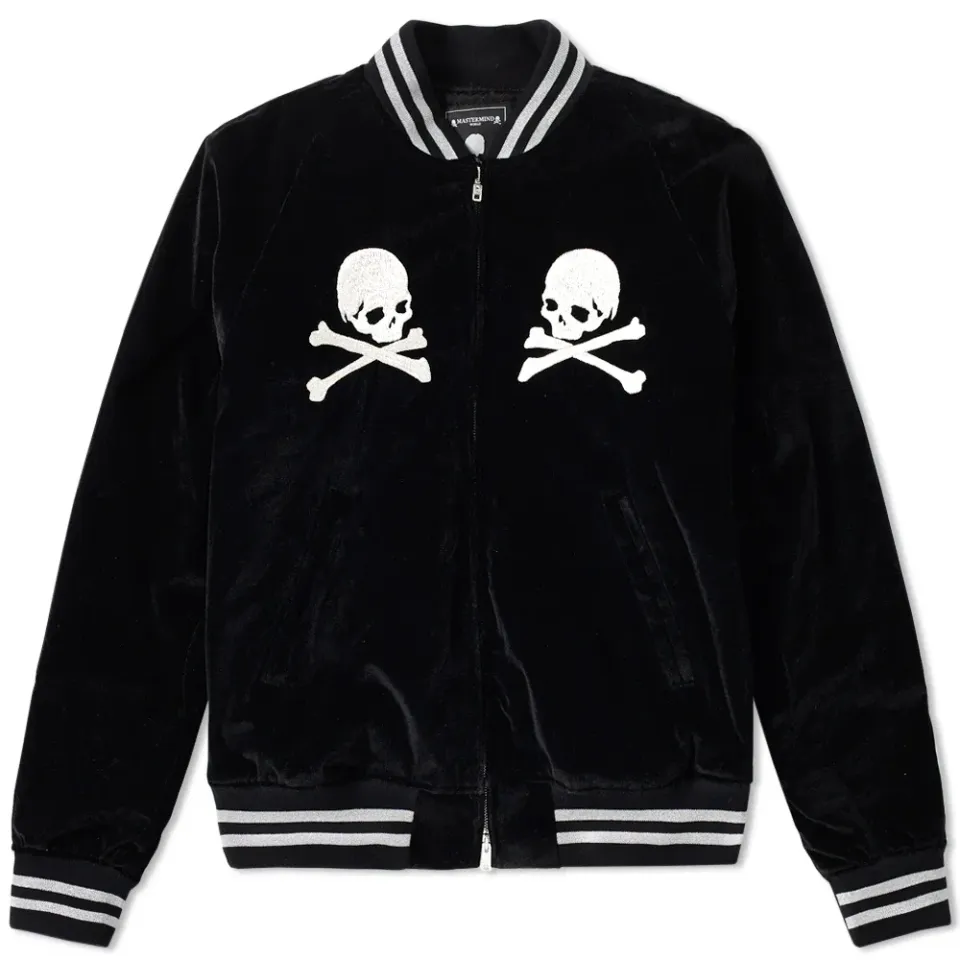 Velour Skull Embroidered Baseball Jacket