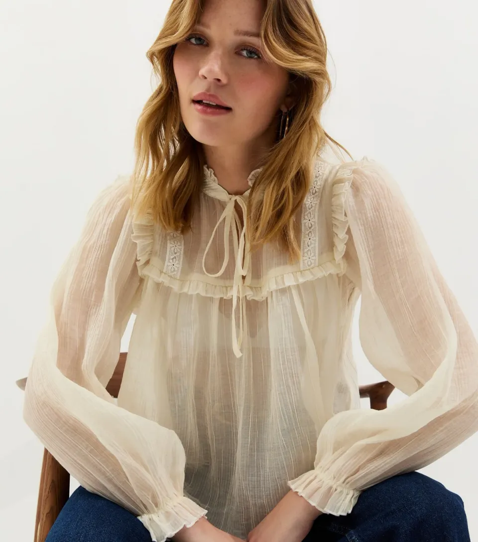 Women's Off White Sheer Lace Bib Crinkle Texture Blouse